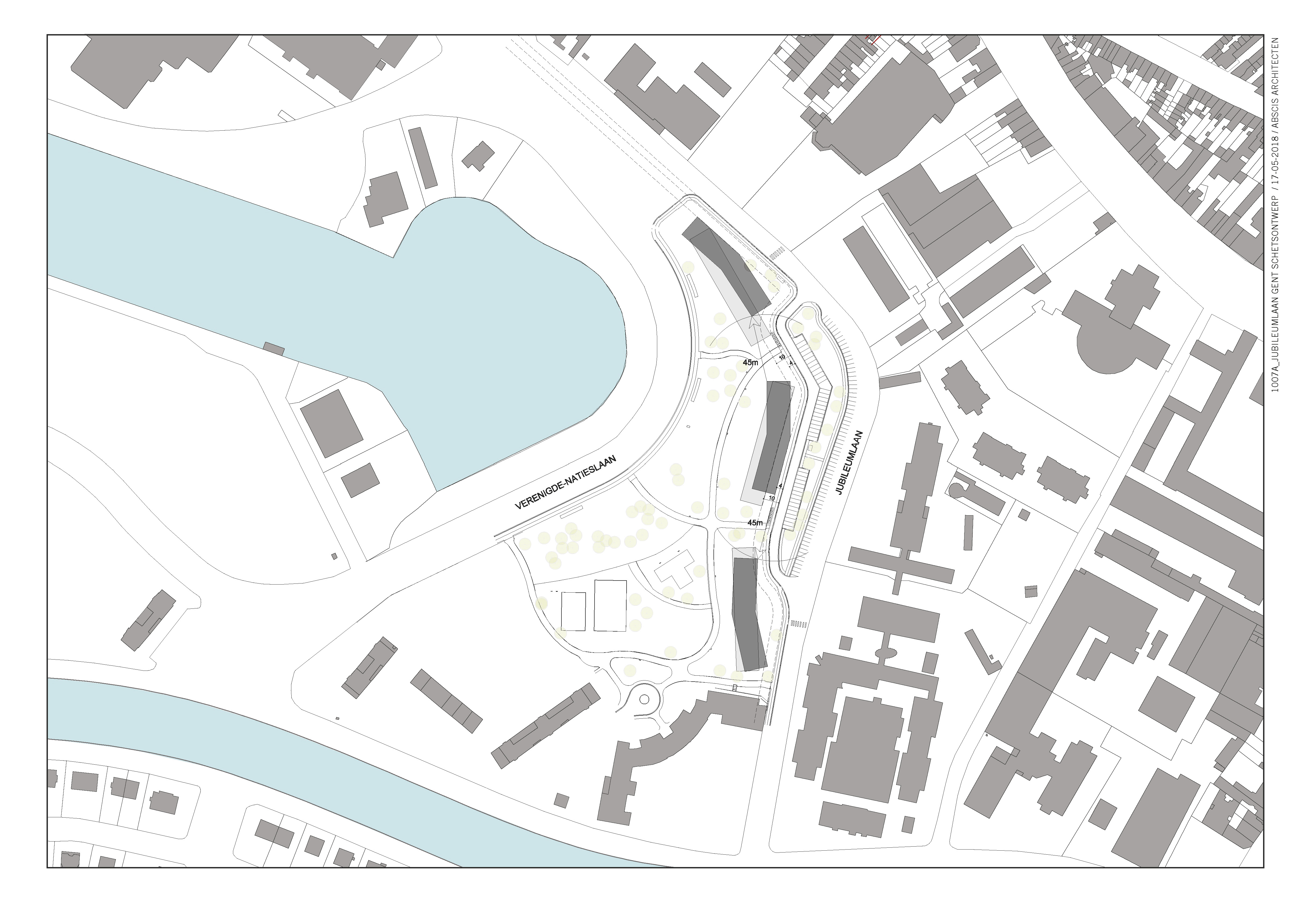 Plan die de inplanting van de nieuwe gebouwen toont ten opzichte van de oude gebouwen