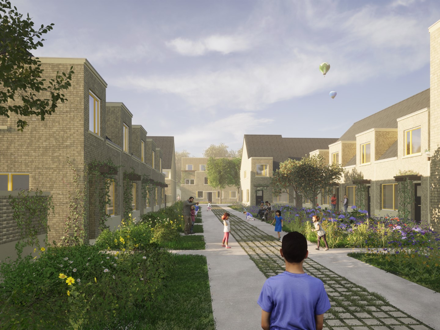 Sfeerbeeld toekomstige Sint-Bernadettewijk.jpg Sfeerbeeld van de toekomstige wijk met 2 huizenrijen en een groene wandelzone ertussen
