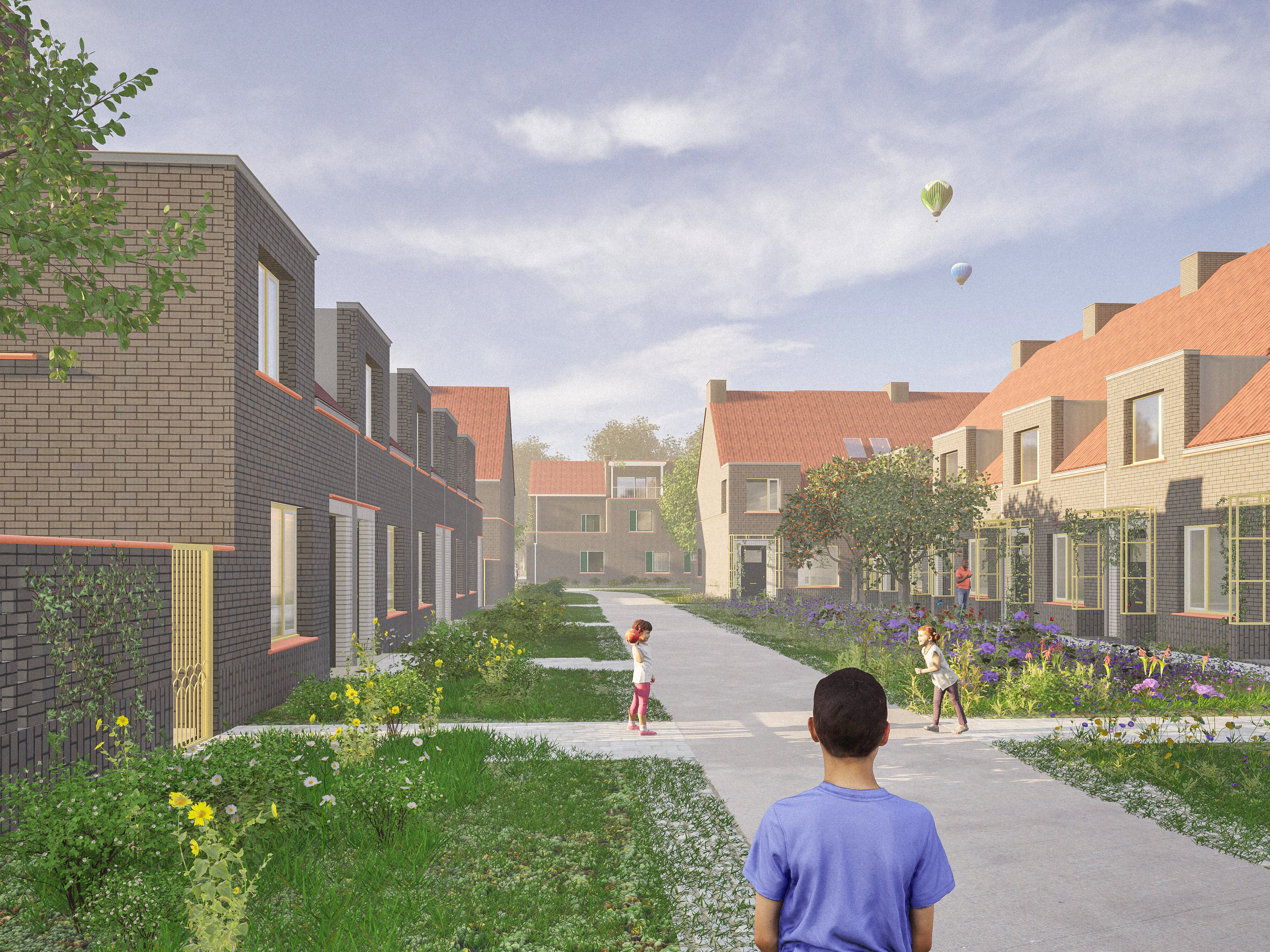 Sfeerbeeld toekomstige Sint-Bernadettewijk.jpg Sfeerbeeld van de toekomstige wijk met 2 huizenrijen en een groene wandelzone ertussen